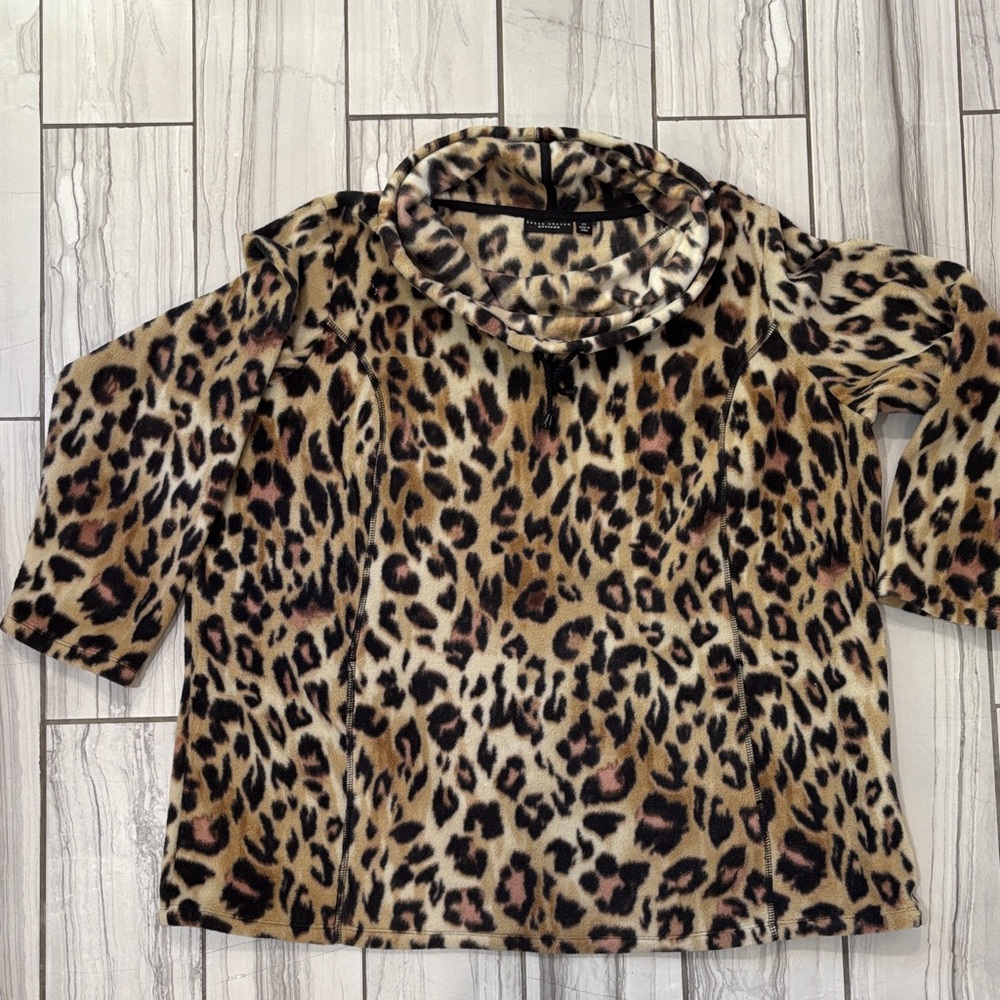 Susan Graver Fleece Pullover Leopard Print Cowl Neck Sweeter
